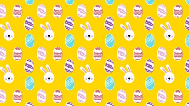 Animation of moving easter eggs and bunnies over yellow background