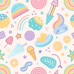 Seamless Cream and Sweet Treats Pattern with Cartoon Flowers, Birds, Hearts, and Summer Vibes