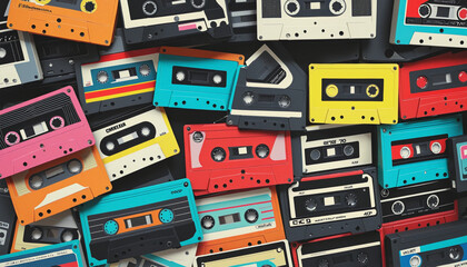 Vintage music cassettes vector 3d render. Retro dj sound tape, 1980s rave party stereo mix, old school record technology. Vector old 90s coloured plastic cassettes set. Retro musiccasette with retro c - obrazy, fototapety, plakaty