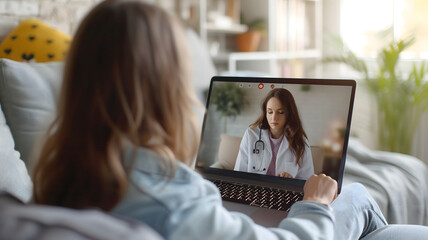 Telemedicine concept. Young lady consulting her doctor on laptop computer, using webcam from home. Neural network generated image. Not based on any actual person or scene.
