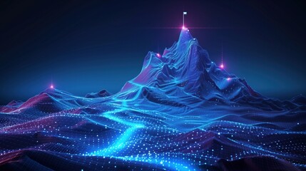 Abstract mountain with a path to the top. Way to goal in digital futuristic style on technology background. illustration of success achievement concept. Low Poly wireframe  - obrazy, fototapety, plakaty