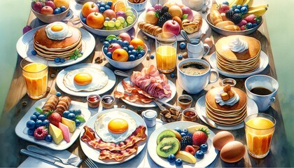 Obraz na płótnie Canvas Watercolor of delicious breakfast