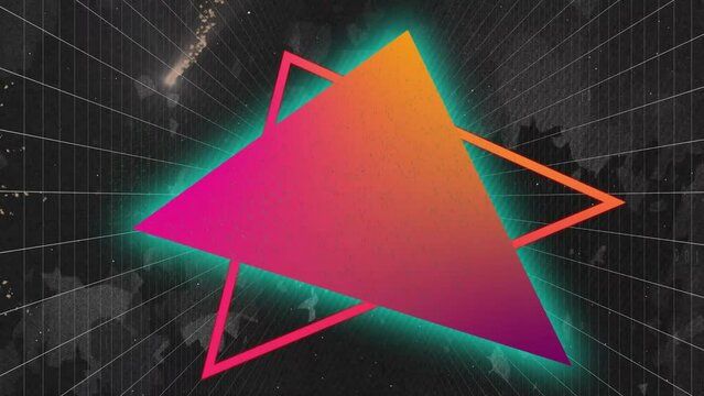 Animation of red neon triangles and data processing on black background