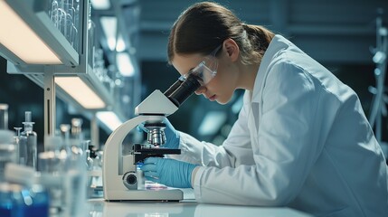 Medical Development Laboratory: Caucasian Female Scientist Looking Under Microscope, Analyzes Petri Dish Sample. Specialists Working on Medicine, Biotechnology Research in Advanced Pharma Lab.