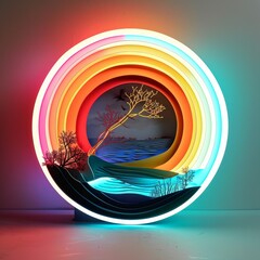 Obraz premium Neon Light Art Installation with Circular Landscape Design