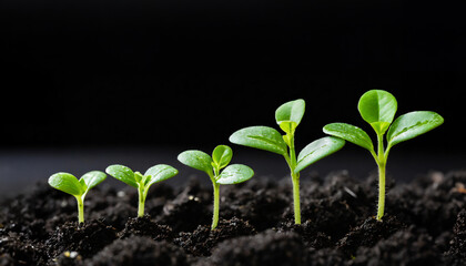 Young green sprouts emerge from dark, rich soil, against a dark background, symbolizing new life and growth.