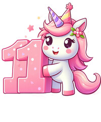 11 Year Pink Birthday Unicorn Sticker PNG Ai generated