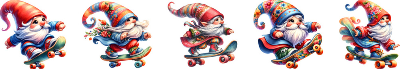 Fototapeta na wymiar Gnome on skateboard action with colorful, Watercolor.