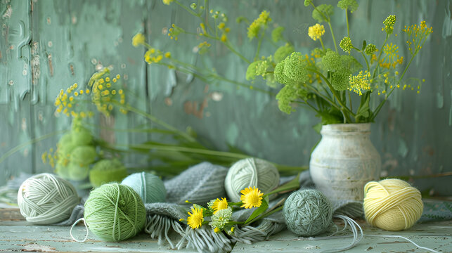 Yarn balls with spring flower thanksgiving background 