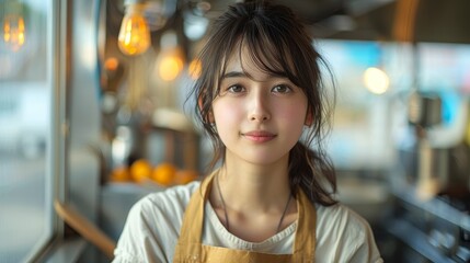japanese woman in charming trailer house makes breakfast and coffee outdoors in mountains in summer sunny day - obrazy, fototapety, plakaty