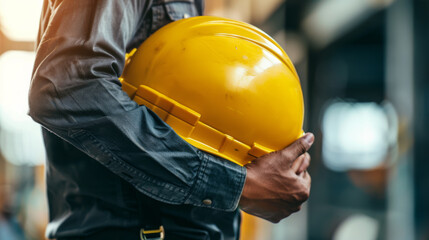 person holding a yellow safety helmet with their left hand, suggestive of a construction worker or engineer at a building site.