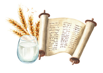 Torah, milk, and wheat. Symbol of Jewish holiday Shavuot. Watercolor hand drawn illustration, isolated on white background