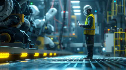 An engineer in a visor and safety vest is using a tablet to monitor automated machinery within an advanced industrial factory environment.