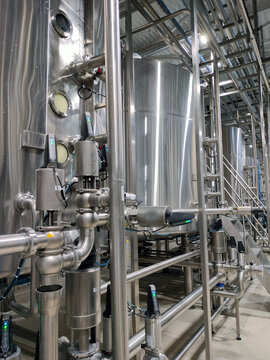 Tanks at the dairy plant. Technological equipment at a modern dairy plant