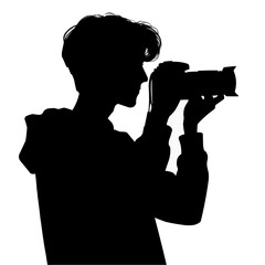 Silhouette of a Male Photographer Taking Photos, Man with Camera and Backpack, Hobby and Travel Photography Concept, Passionate Photographer in Action, Profile View Illustration