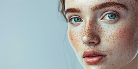 Young woman portrait showcasing her skin care with a a copy space background