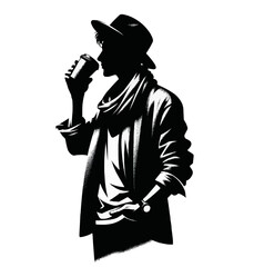 Obraz premium Silhouette of a Stylish Person Drinking Coffee, Fashionable Individual with Hat Enjoying a Hot Beverage, Urban Lifestyle and Modern City Life, Casual Street Fashion and Coffee Culture Illustration