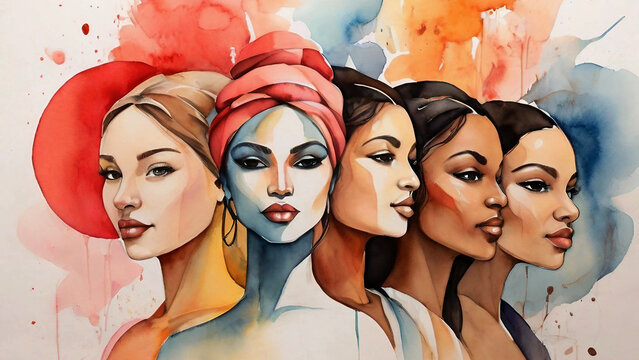 Colorful abstract watercolor painting. International Women's Day, 8 March of different cultures and ethnicities together. concept of gender equality and the female empowerment movement.