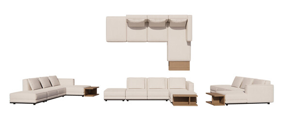 Leather sofa L shape, living room, isometric sofa, sofa with pillows mockup, top view, font view,...