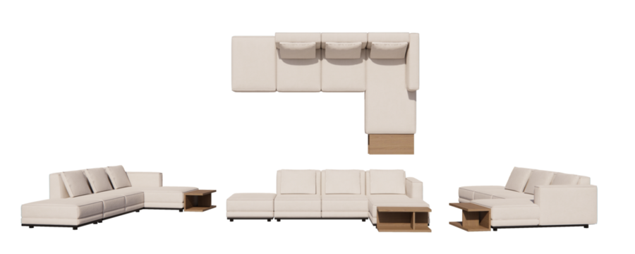 Leather sofa L shape, living room, isometric sofa, sofa with pillows mockup, top view, font view, side view, isolated,perspective, rendering