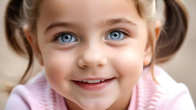 A close-up portrait of a little happy charming girl full of joy and innocence. Carefree cute child with deep blue eyes and a sincere smile