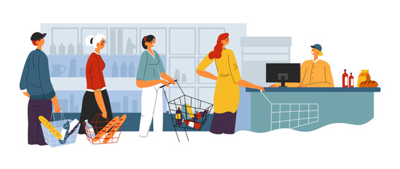 Obraz premium People standing in line in supermarket vector