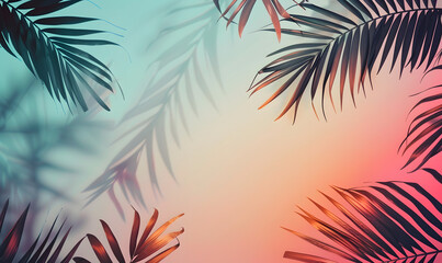 Fototapeta na wymiar Shaded tropical leaves on a calm, gradient abstract background, Generative AI 