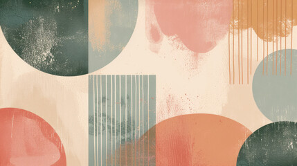 Neo Memphis style abstract background with rough textures in a mix of dusty rose, sage green and warm ocher