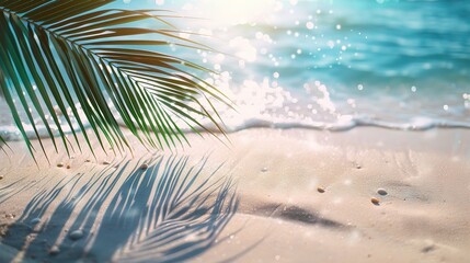 Fototapeta na wymiar palm leaf shadow on abstract white sand beach background, sun lights on water surface, beautiful abstract background concept banner for summer vacation at the beach