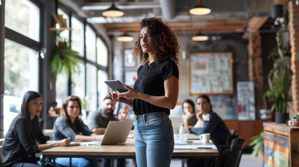 A group of professionals is engaged in a collaborative discussion around a table with laptops, with one person standing and presenting, in a modern office environment.