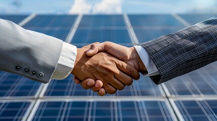 Two people having a shaking hands against solar panel after the conclusion of the agreement in the renewable energy 