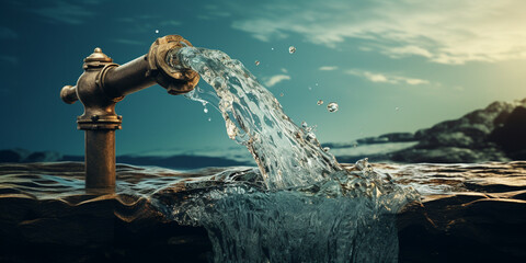 Running tap pouring water in the sea, Closeup of dripping faucet with long exposure and blurred water . - obrazy, fototapety, plakaty