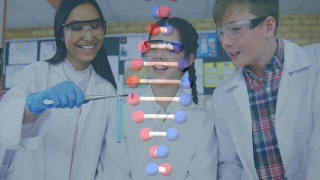 Animation of dna strand over diverse students doing experiments