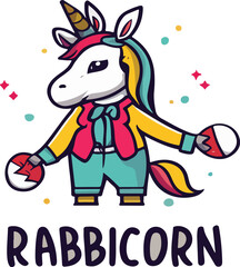 Naklejka premium Rabbicorn Vector T-Shirt Design.Unicorn as Easter Bunny Shirt Design.Festive Vector T-Shirt Illustration. Rabbicorn Easter Tee on White Background