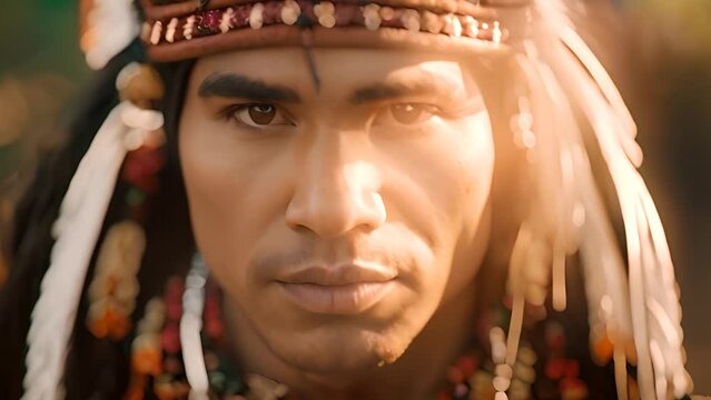 Native American Man in Headdress Looks at Camera Generative AI