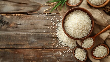 soaked white rice in a wooden bowl - flat lay composition in top view - obrazy, fototapety, plakaty