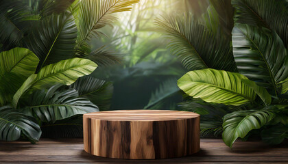 Tropical Paradise: 3D Rendering of Wood Podium Mockup Featuring Leafy Accents