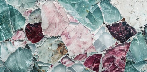 Obraz premium A detailed view of a wall constructed entirely of shattered glass pieces, creating a jagged and reflective surface.