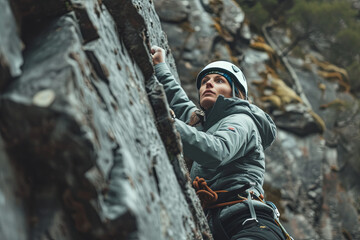 A climber scaling a steep and craggy rock face - obrazy, fototapety, plakaty