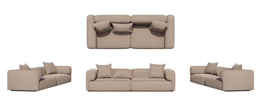 fabric block sofa, living room, isometric sofa, sofa with pillows mockup, top view, font view, side view, isolated,perspective, rendering