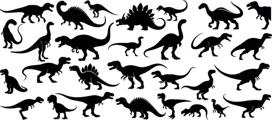 Dinosaur silhouette, prehistoric creatures of Jurassic era, dinosaur vector illustration, black dinosaur on white background, diverse species, iconic shapes