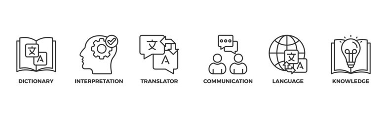 Translation banner web icon illustration concept with icon of dictionary, interpretation, translator, communication, language, and knowledge