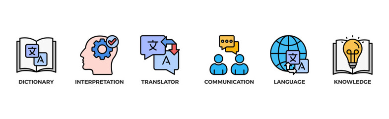 Translation banner web icon illustration concept with icon of dictionary, interpretation, translator, communication, language, and knowledge