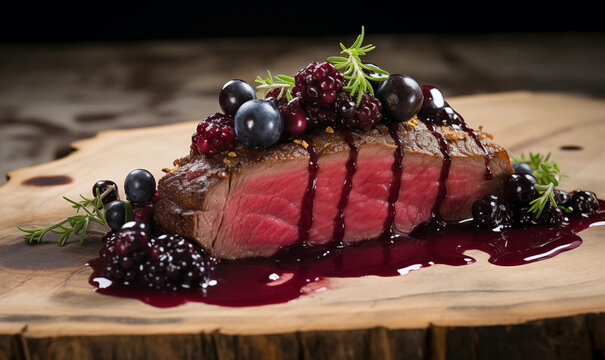 Cut of rack of venison with a huckleberry gastrique, on a wooden serving board; background image