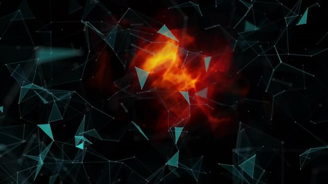 Animation of triangles and red shapes moving on black background