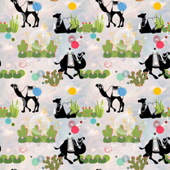 Seamless pattern of camels in the desert.