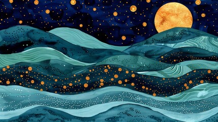 Abstract Night Seascape with Golden Moon. Stylized abstract painting of a night seascape with golden moon.