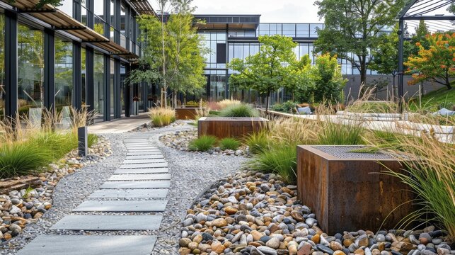 Businesses embrace sustainable landscaping with evergreen practices and cutting-edge eco-friendly outdoor design.