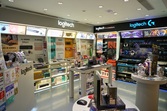 HONG KONG, CHINA - DECEMBER 04, 2023: computer peripherals for sale at Logitech store in New Town Plaza shopping mall.