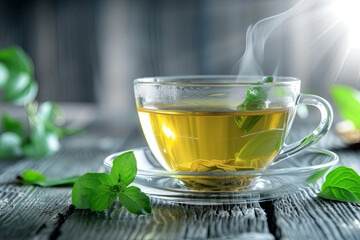 green tea in a clear cup - obrazy, fototapety, plakaty